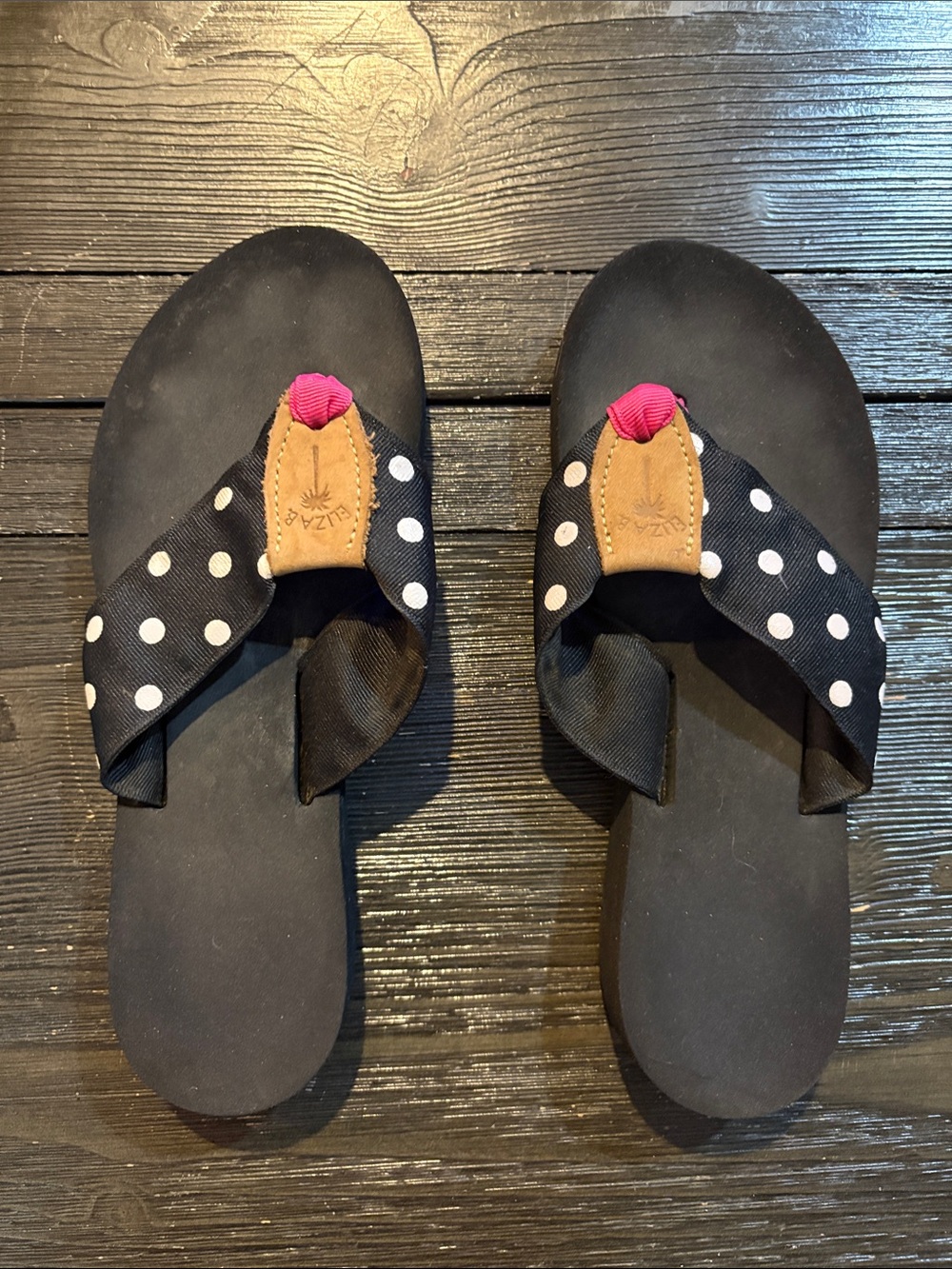 Eliza B Black Polka Dot Thong Sandals with Pink Accent